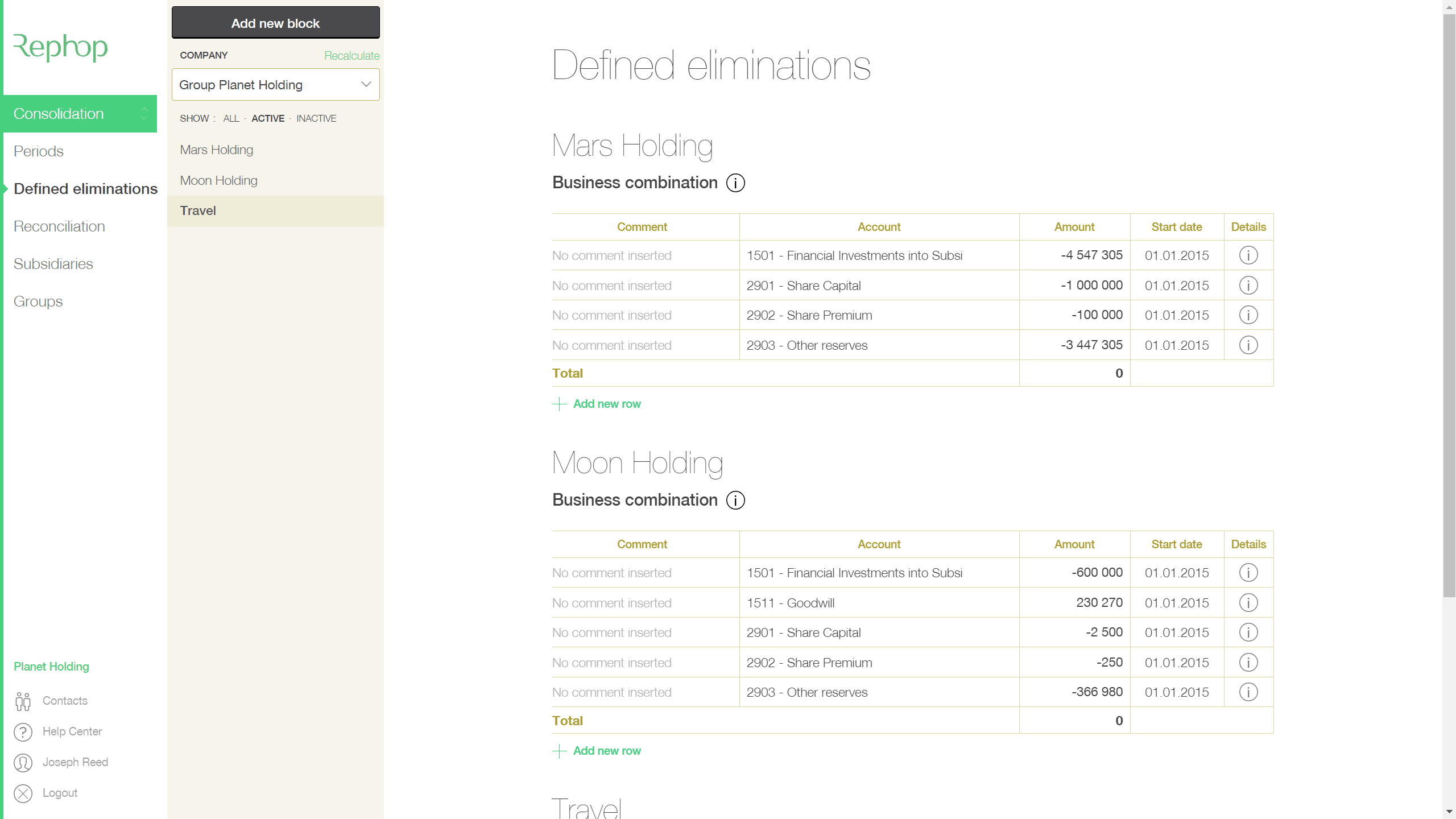 Consolidation automatic eliminations feature page