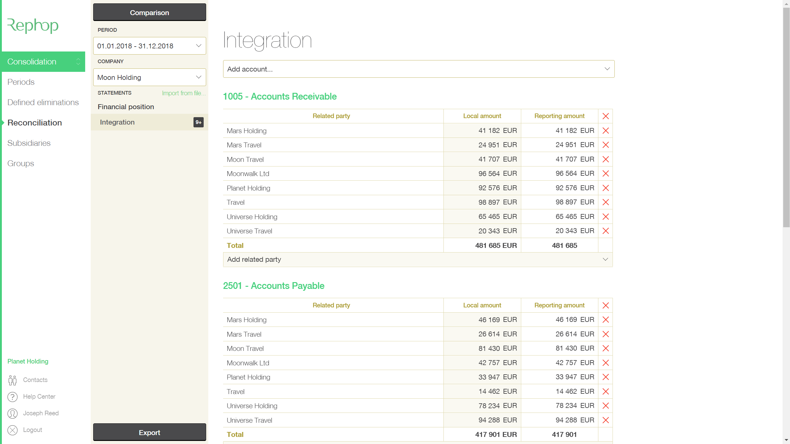 Consolidation reconciliation feature page